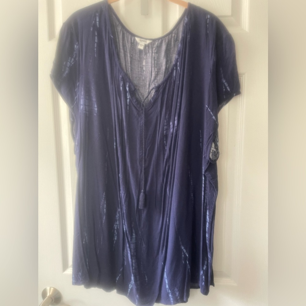 Sonoma 3x Indigo and Periwinkle Short Sleeve Top with Tasseled Tie at Neck